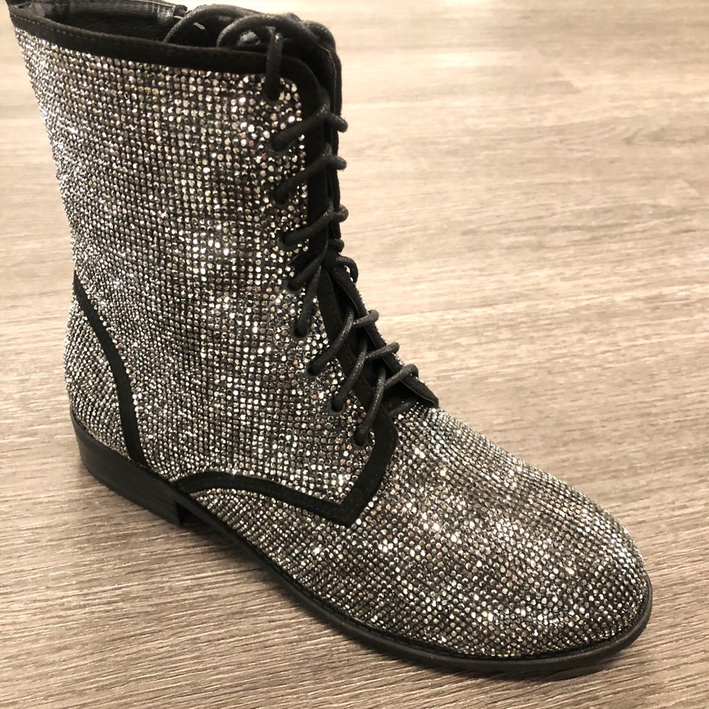 Black/Silver Combat Rhinestone Bootie Laced Up - Picture 5 of 7